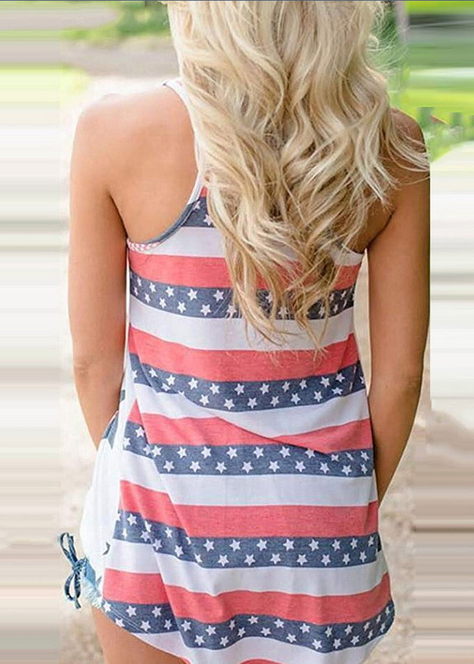 Novelty Blue O-Neck Independence Day Print Pocket Cotton Strap Tanks Sleeveless