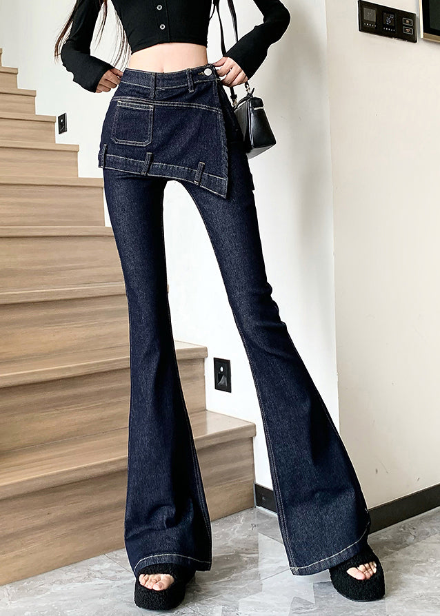 Novelty Blue Patchwork High Waist Fake Two Pieces Denim Flared Pants Spring