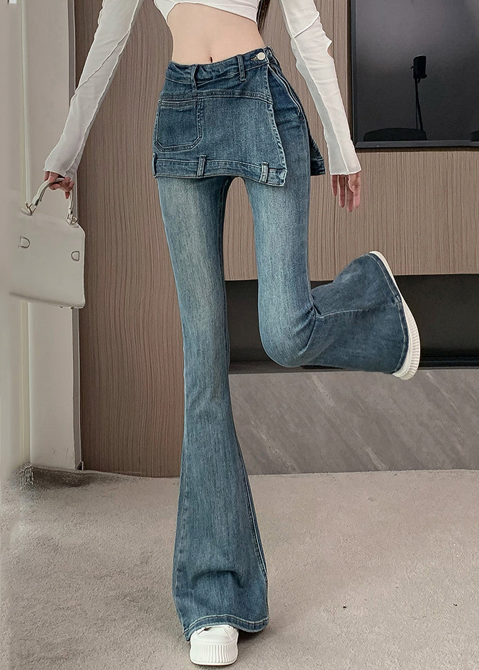 Novelty Blue Patchwork High Waist Fake Two Pieces Denim Flared Pants Spring