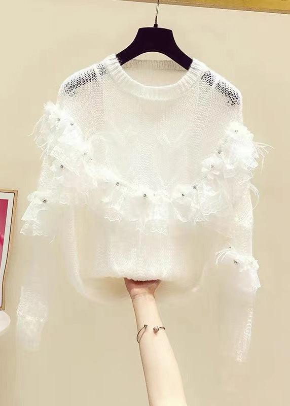 Novelty White Patchwork Nail Bead Floral Knit Sweaters Spring