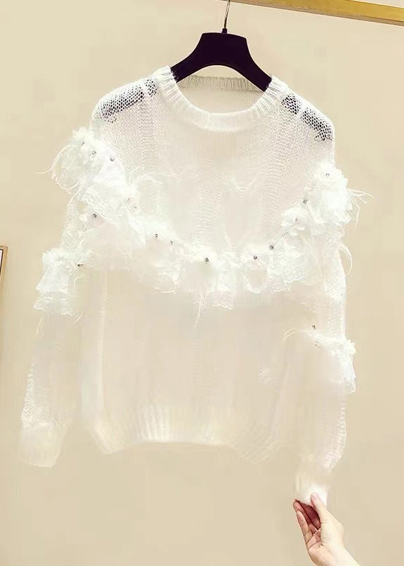 Novelty White Patchwork Nail Bead Floral Knit Sweaters Spring