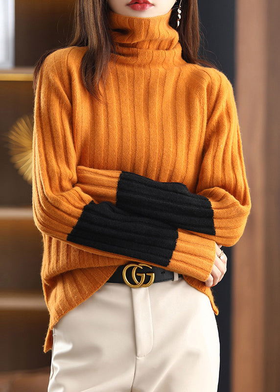 Orange Cozy Patchwork Woolen Sweater Turtleneck Spring