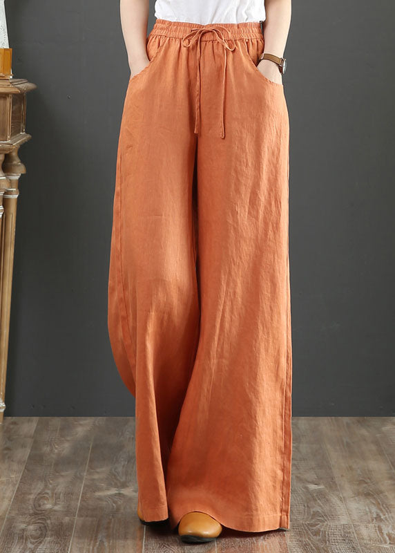 Orange-print2 Elastic Waist Linen Straight Pants Solid Color Drawstring Summer