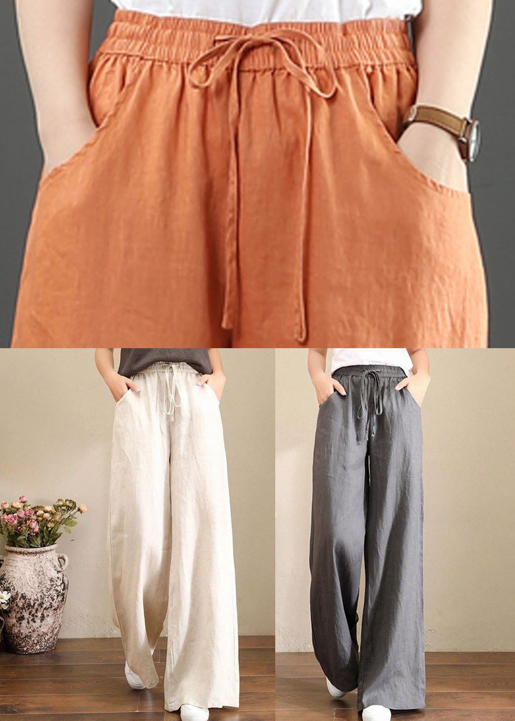 Orange-print1 Elastic Waist Linen Straight Pants Solid Color Drawstring Summer