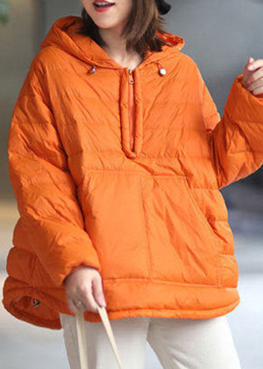 Orange Hooded Zippered Pockets Winter Duck Down Long Sleeve Down Jacket