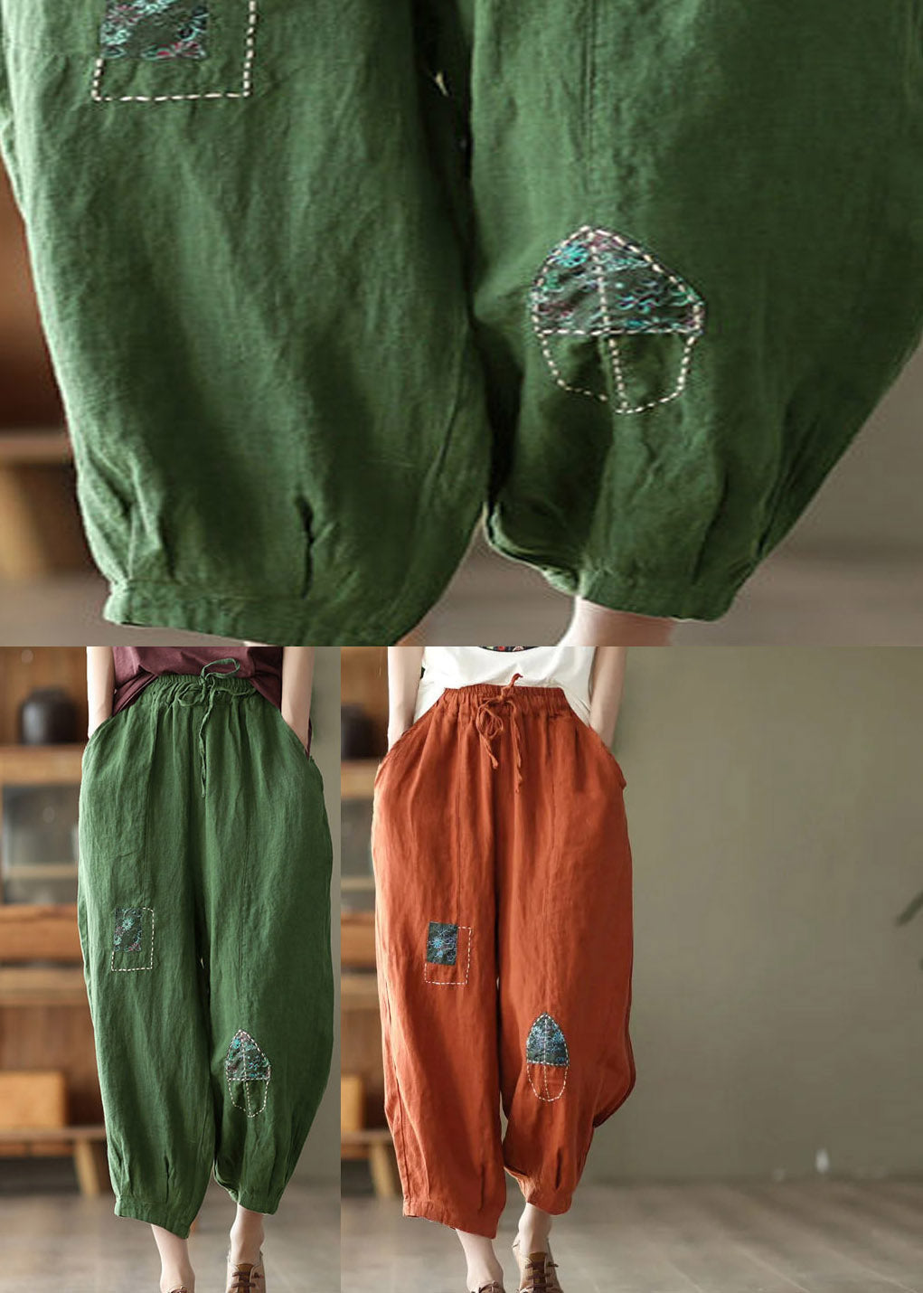 Orange Pockets Tie Waist Linen Harem Pants Summer