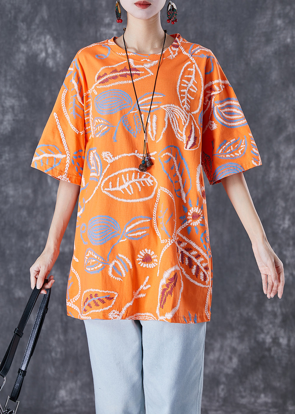 Orange Print Cotton Tank Oversized O-Neck Summer