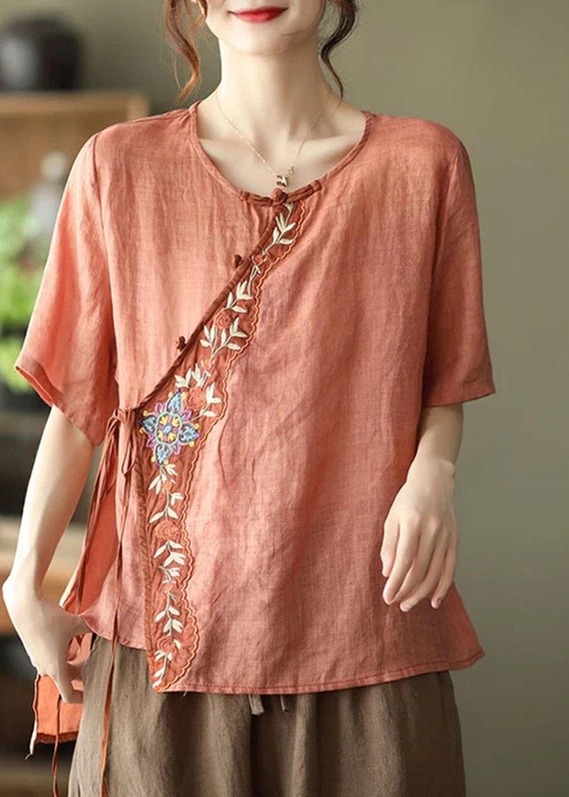 Orange Ramie Women Lace-up Embroidered Irregular Vintage T-shirt