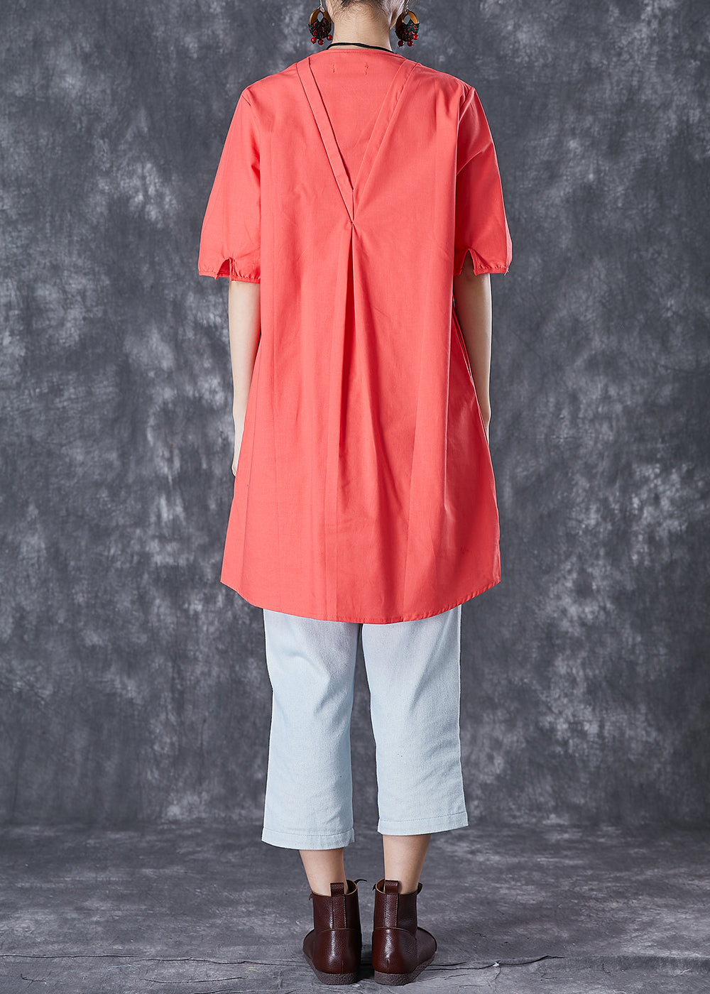 Orange Red Linen Mid Dresses Embroideried Summer