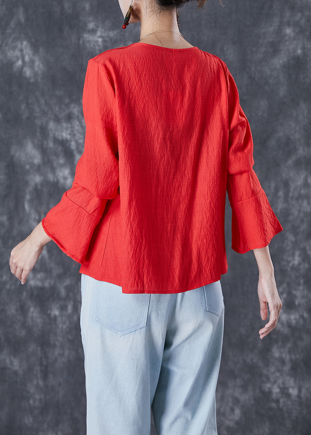 Orange Red Linen Shirt Tasseled Chinese Button Flare Sleeve