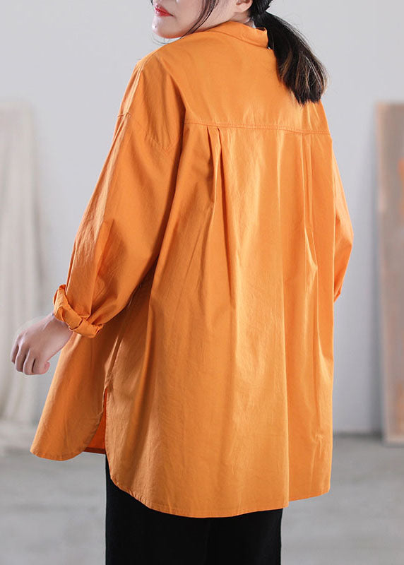 Orange Solid Color Patchwork Cotton Shirt Tops Asymmetrical Pockets Long Sleeve