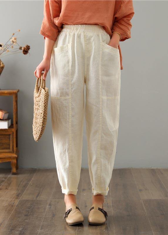 Organic Beige High Waist Harem Cotton Linen Pants Summer