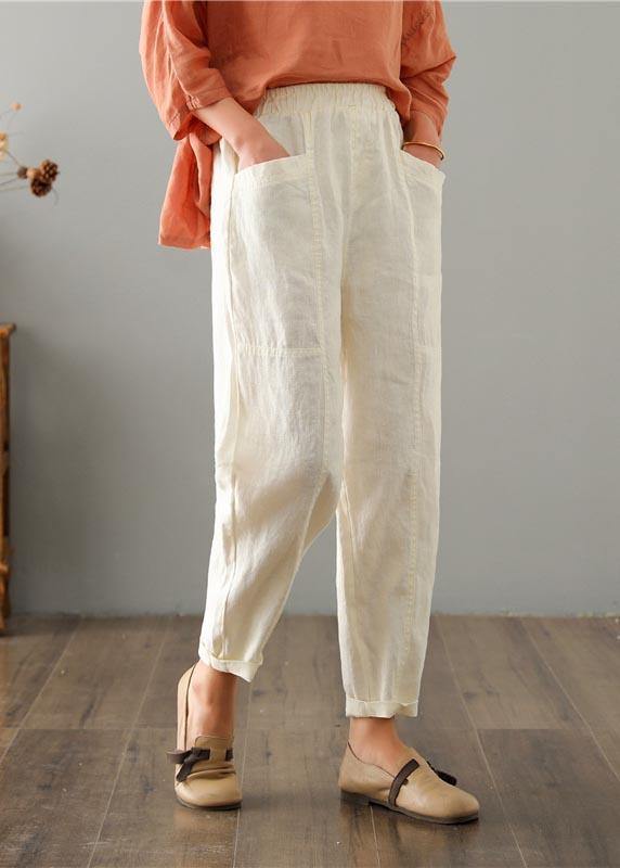 Organic Beige High Waist Harem Cotton Linen Pants Summer