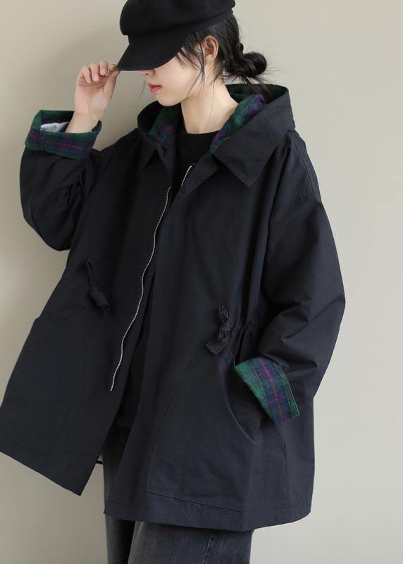 Organic Black Fine Coats Women Blouses Inspiration Hooded Zip Up Spring Jackets