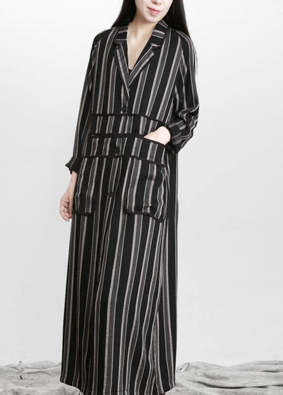 Organic Black Striped Button Peter Pan Collar Fall Long Coat