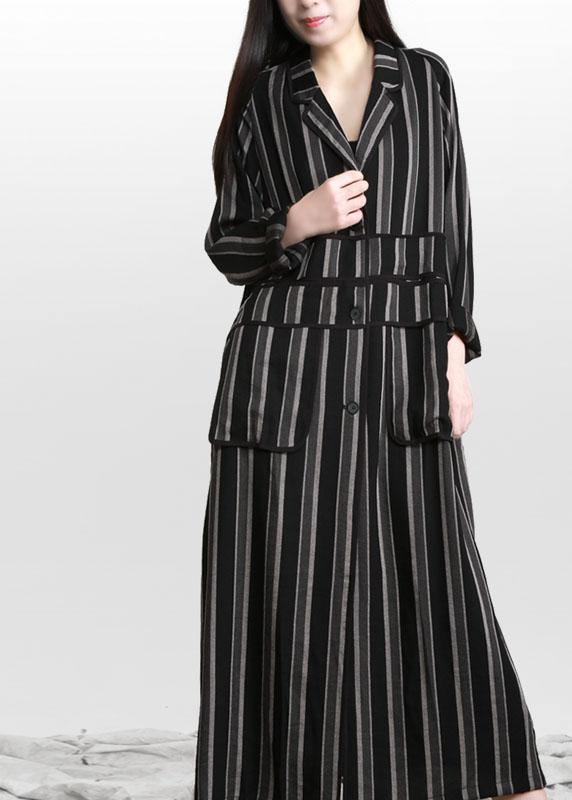 Organic Black Striped Button Peter Pan Collar Fall Long Coat