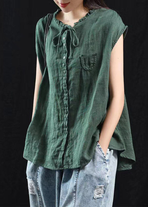 Organic Blackish Green Patchwork Ruffled Top Short Sleeve