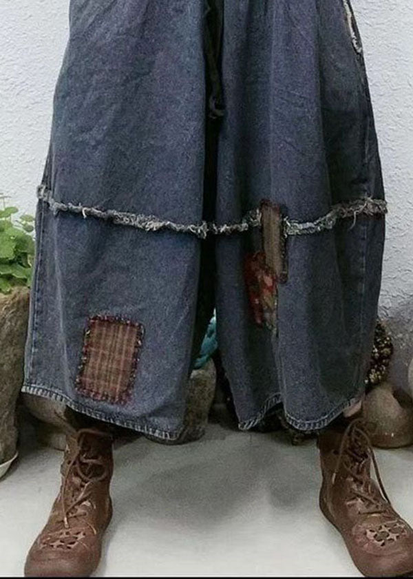 Organic Blue Pockets Patchwork Linen Wide Leg Pants Spring