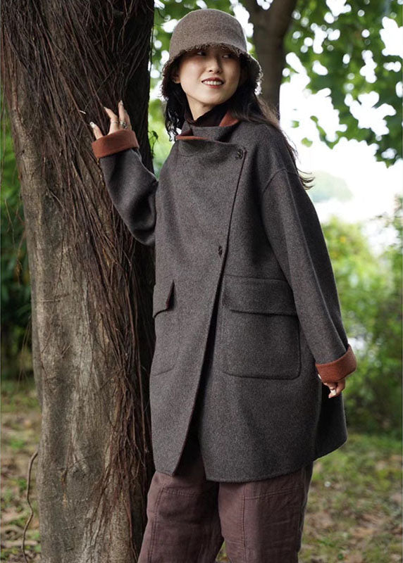 Organic Dark Gray PeterPan Collar Pockets Casual Thick Winter Coat