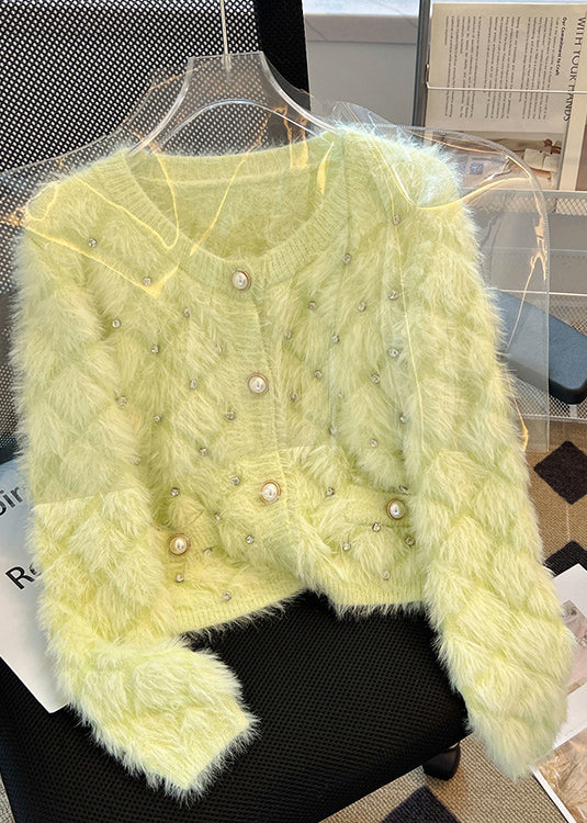 Organic Fluorescent Green Zircon Fuzzy Fur Fluffy Cardigan Spring