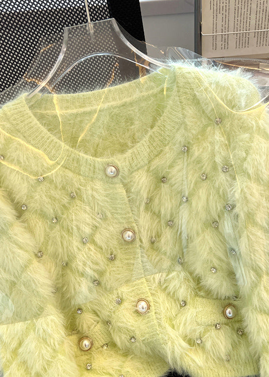 Organic Fluorescent Green Zircon Fuzzy Fur Fluffy Cardigan Spring