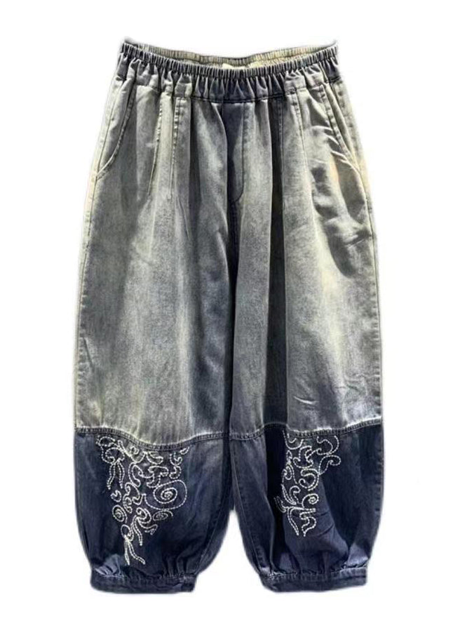 Organic Gradient Color Embroidered Elastic Waist Denim Lantern Pants Summer