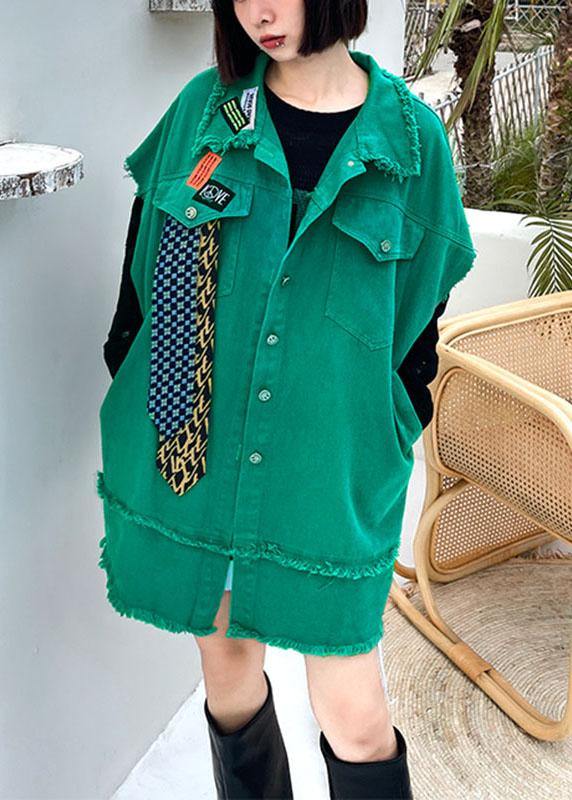 Organic Green Peter Pan Collar Button Pockets Fall Sleeveless Waistcoat