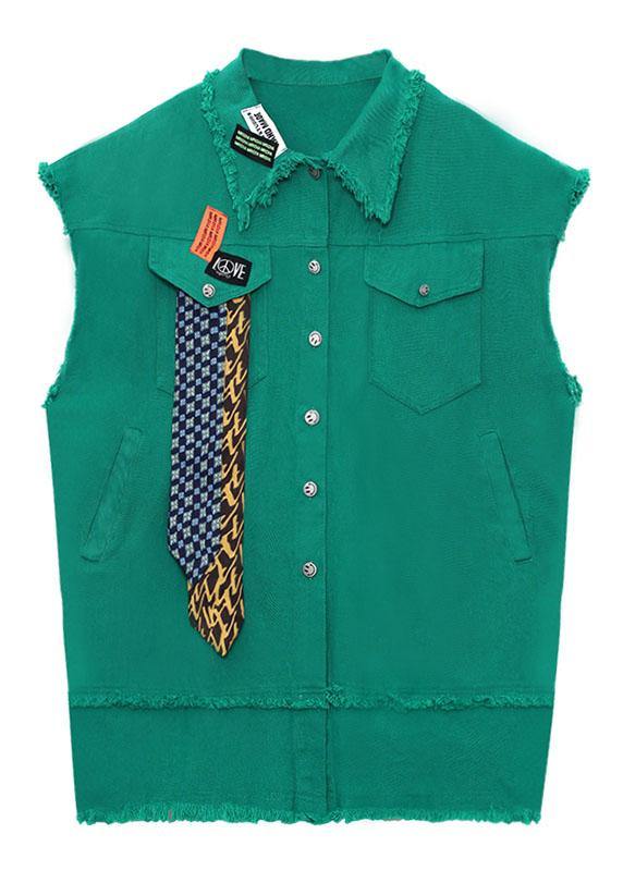 Organic Green Peter Pan Collar Button Pockets Fall Sleeveless Waistcoat