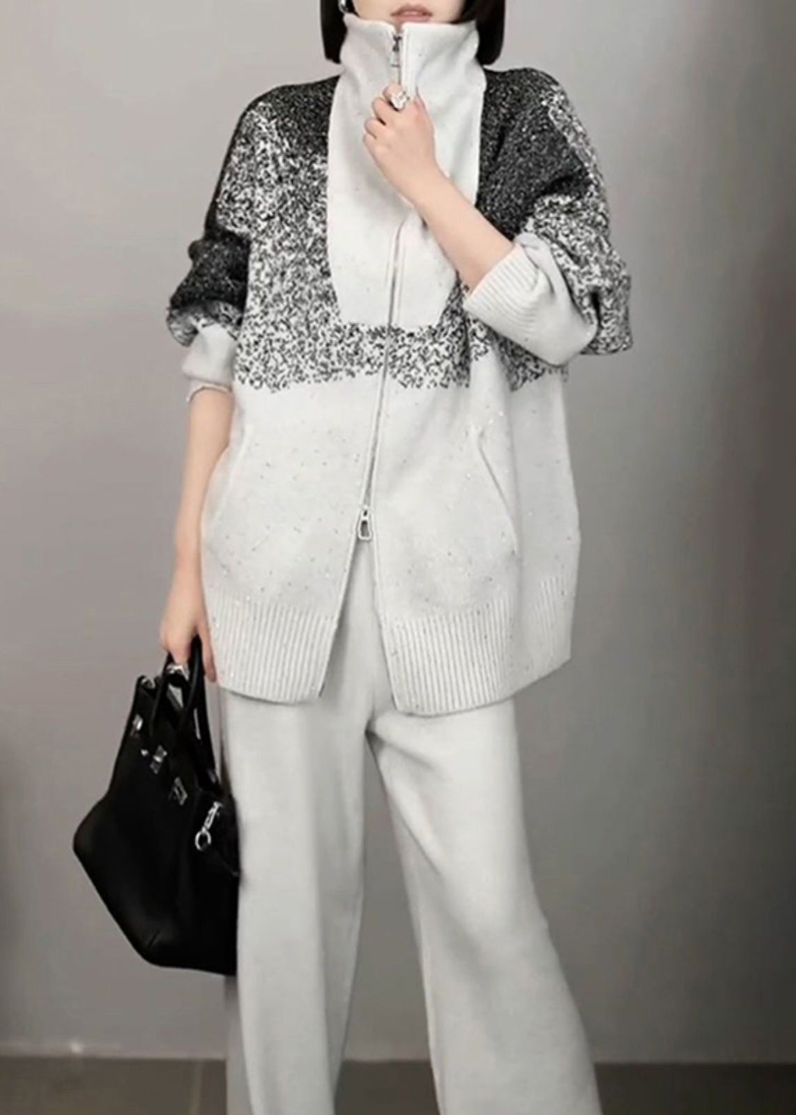 Organic Light Grey Print Zippered Cotton Knit Sweaters And Wide Leg Pants Two Pieces Set Winter