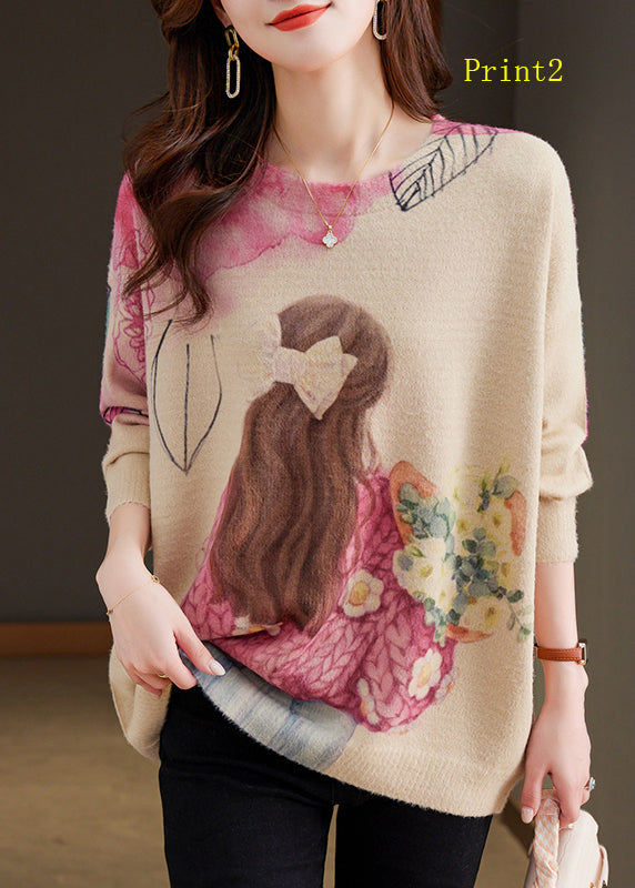 Organic O Neck Print Woolen Knit Pullover Spring