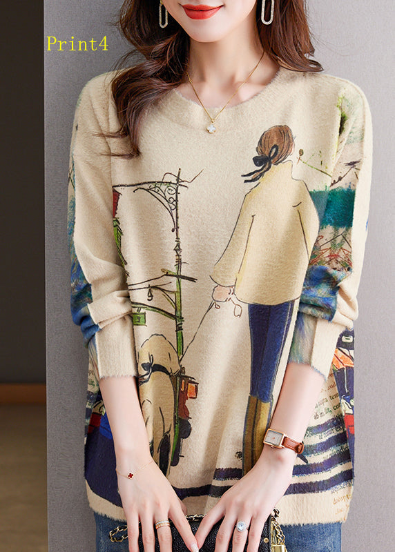 Organic O Neck Print Woolen Knit Pullover Spring