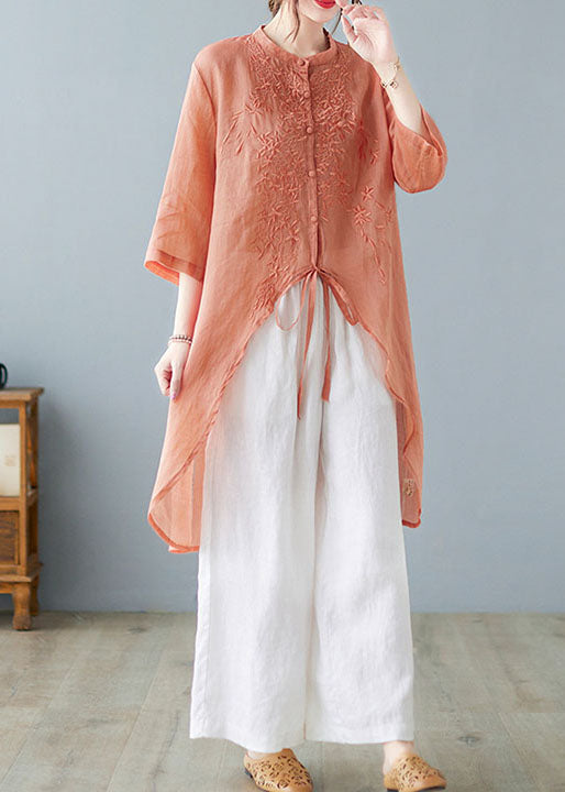 Organic Orange Embroideried Linen Shirt Top Half Sleeve