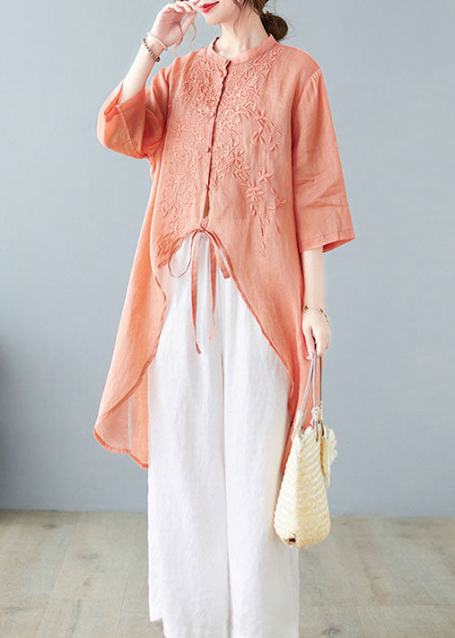 Organic Orange Embroideried Linen Shirt Top Half Sleeve