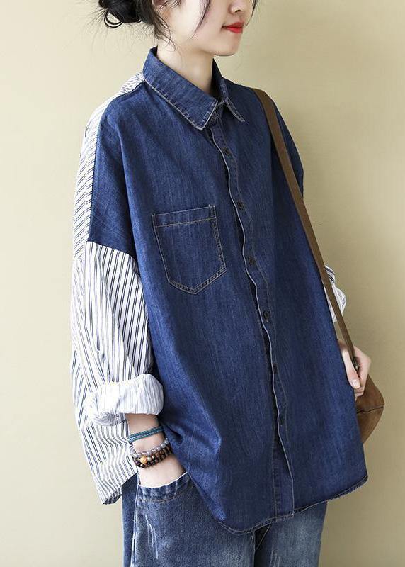 Organic Patchwork Shirts Women Denim Blue Tops