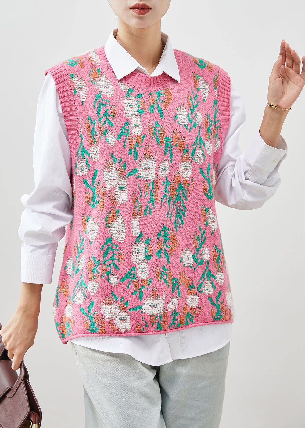 Organic Pink Jacquard Thick Knit Vest Tops Spring