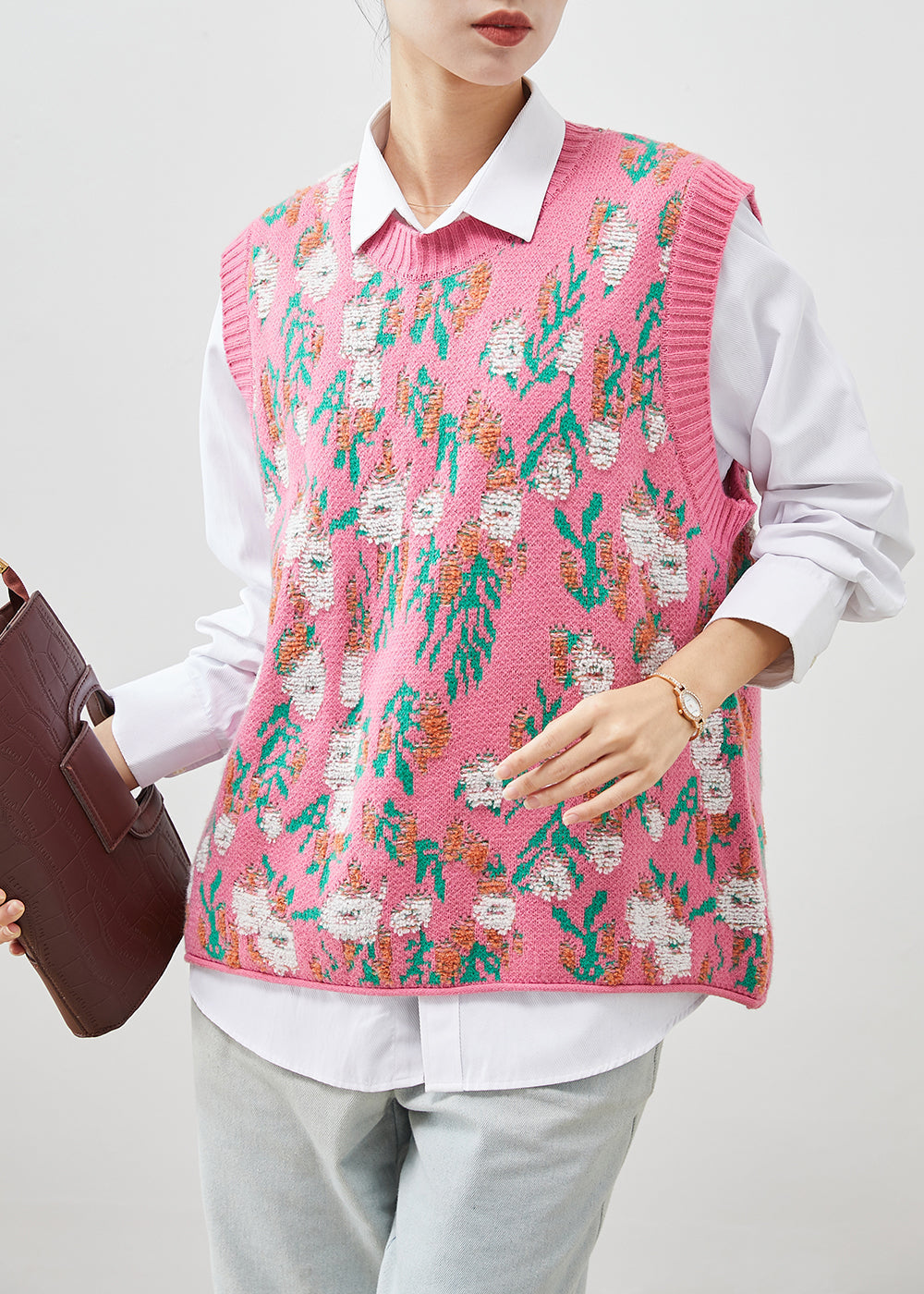 Organic Pink Jacquard Thick Knit Vest Tops Spring