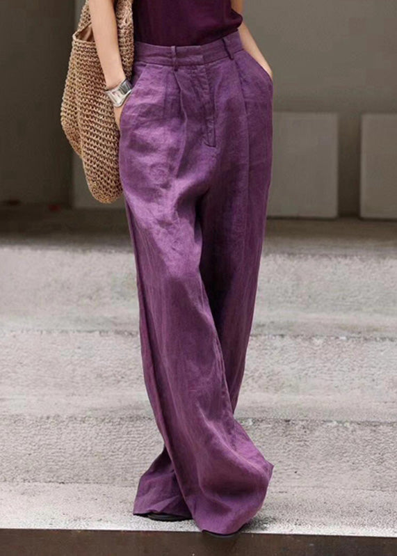 Organic Purple Pockets High Waist Linen Wide Leg Pants Fall