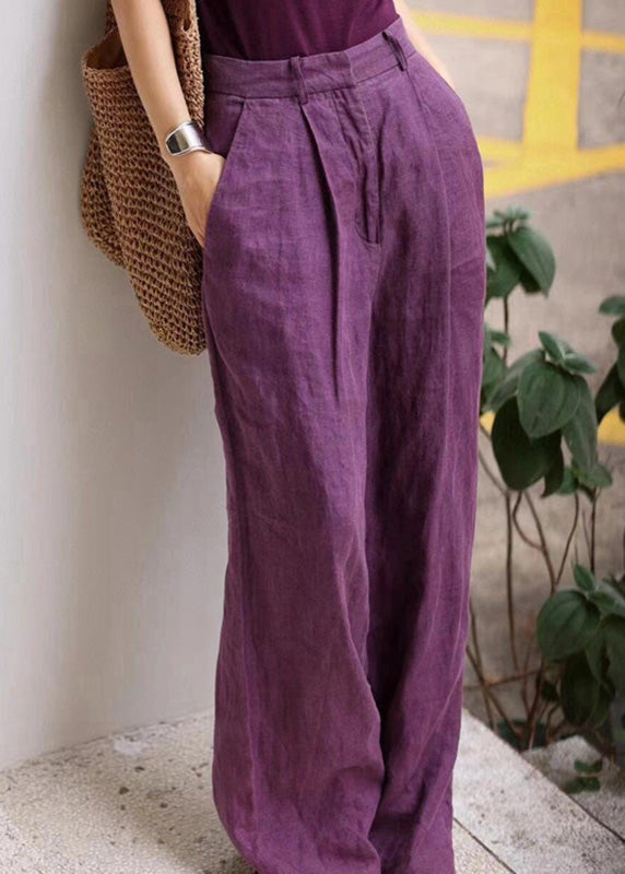 Organic Purple Pockets High Waist Linen Wide Leg Pants Fall