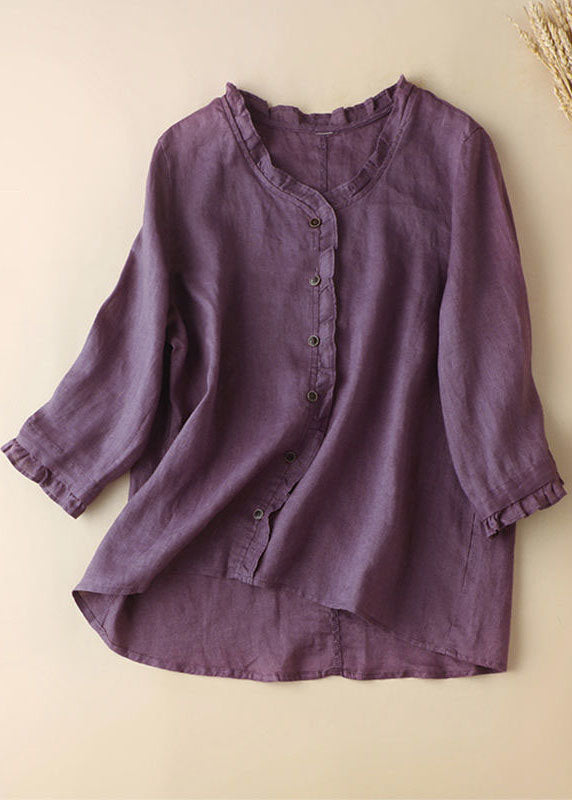 Organic Purple Ruffled Button Tops Half Sleeve