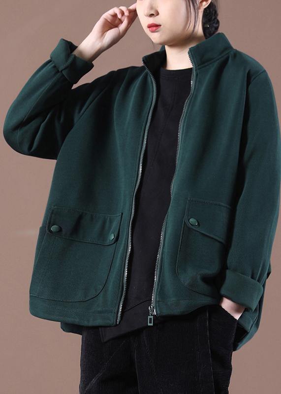 Organic Tea Green Zip Up Stand Collar Short Coats