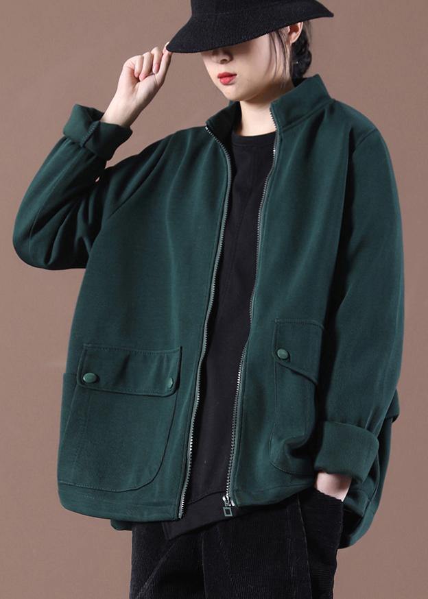 Organic Tea Green Zip Up Stand Collar Short Coats