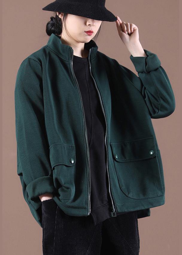 Organic Tea Green Zip Up Stand Collar Short Coats