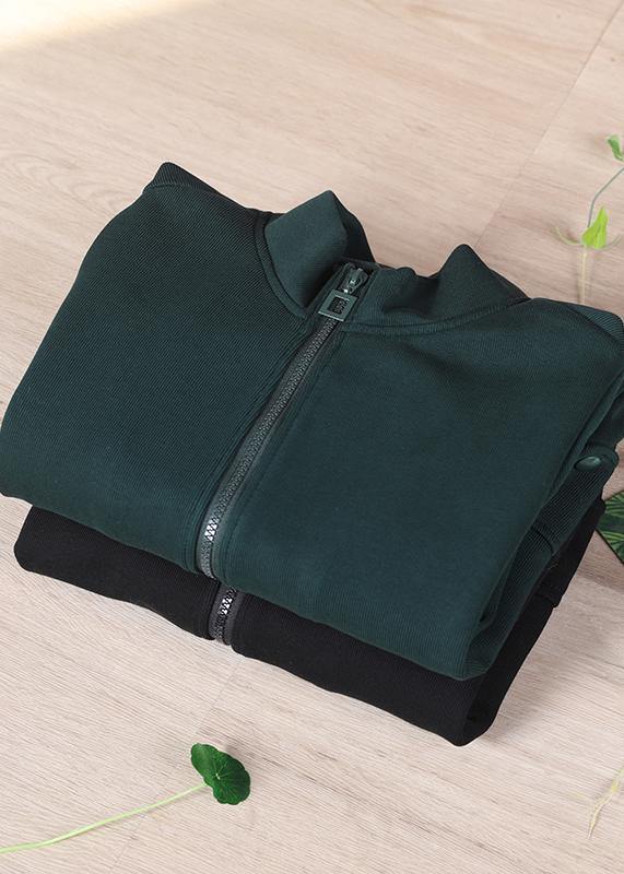 Organic Tea Green Zip Up Stand Collar Short Coats