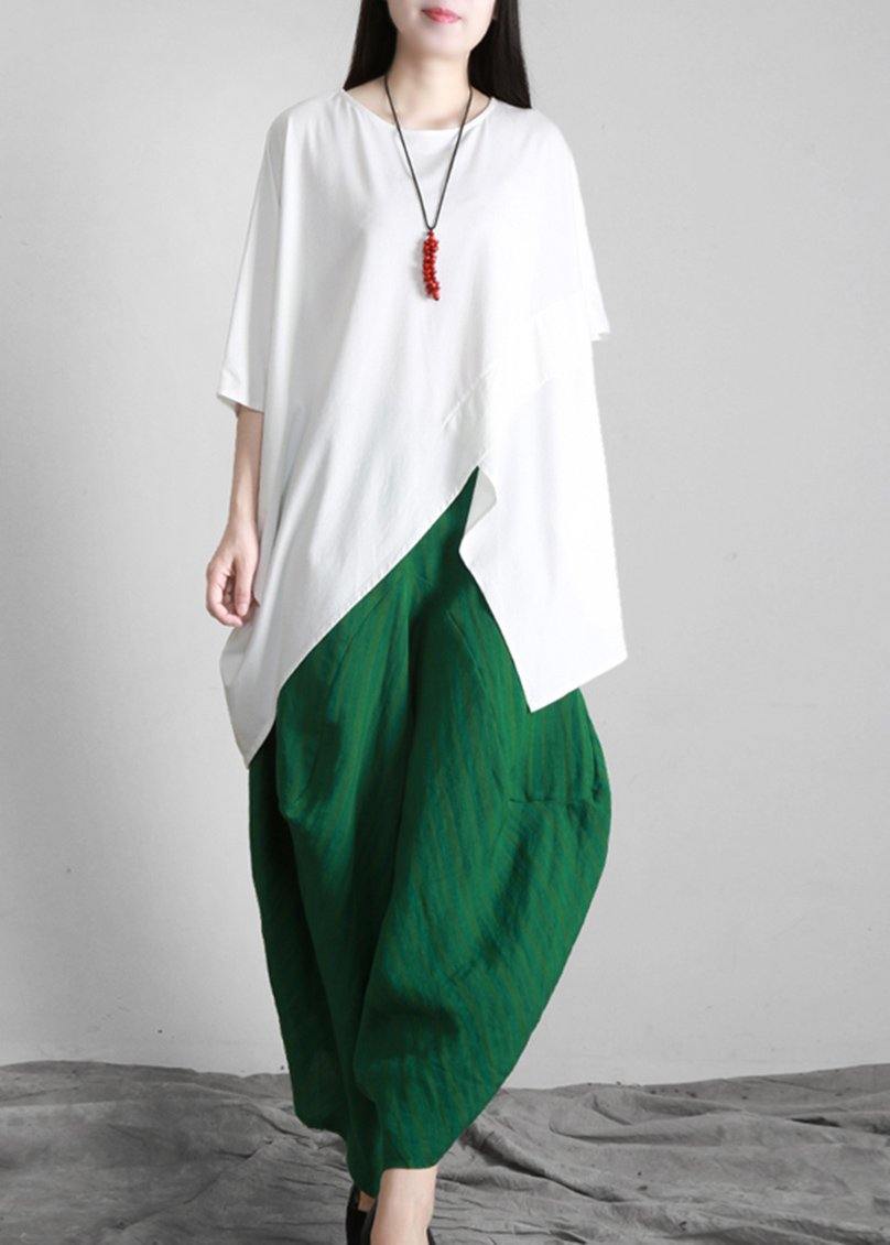 Organic White O Neck Asymmetric Cotton Tops