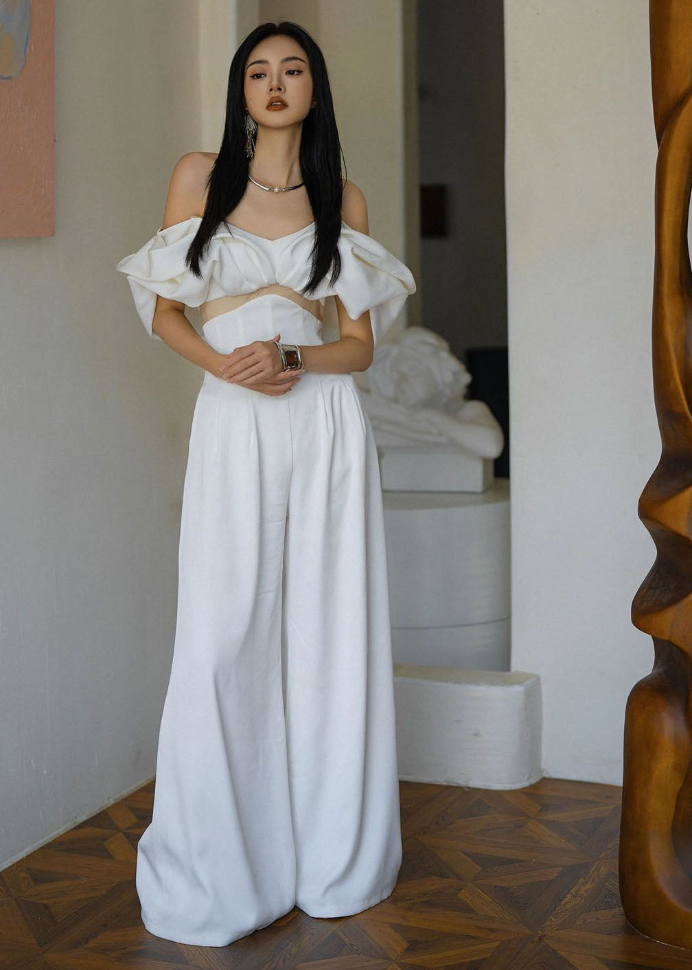 Organic White Slash Neck Tulle Patchwork Overalls Jumpsuit Summer