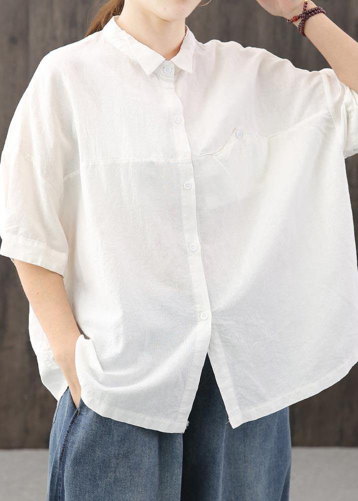 Organic White asymmetrical design Casual Cotton Linen Top Summer