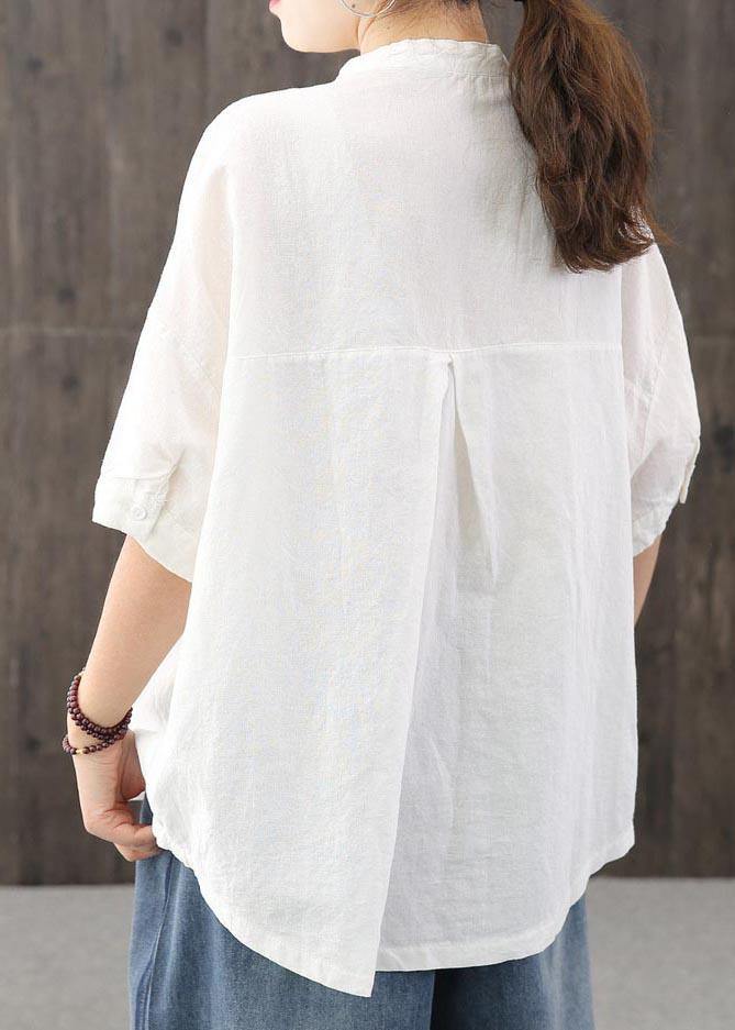 Organic White asymmetrical design Casual Cotton Linen Top Summer