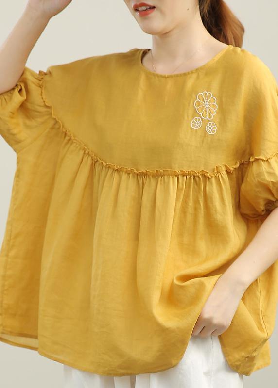 Organic Yellow Embroideried Cinched Cotton Shirt Summer