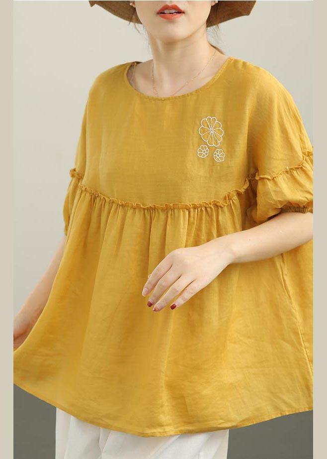 Organic Yellow Embroideried Cinched Cotton Shirt Summer