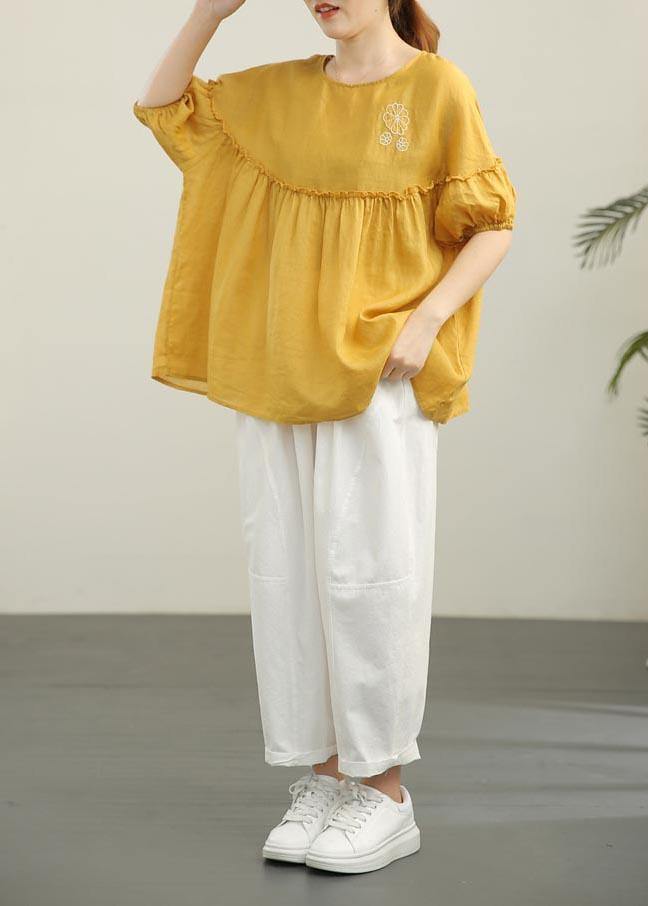 Organic Yellow Embroideried Cinched Cotton Shirt Summer